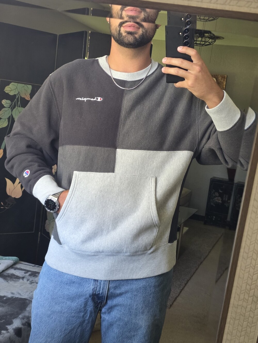 Champion Colorblock Crewneck Sweatshirt Pullover - Black Gray Large